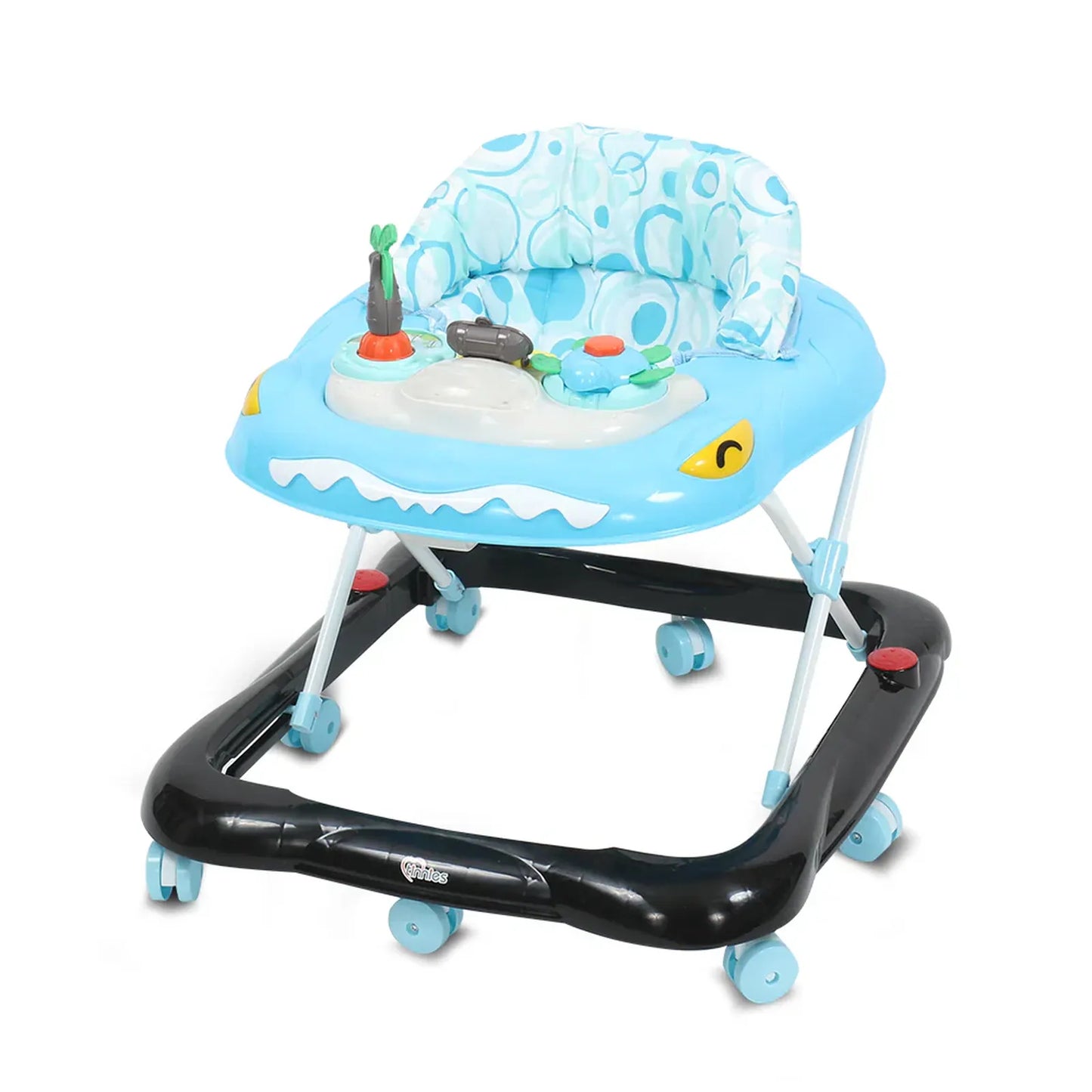 Baby walker with blue seat and black base on a white background