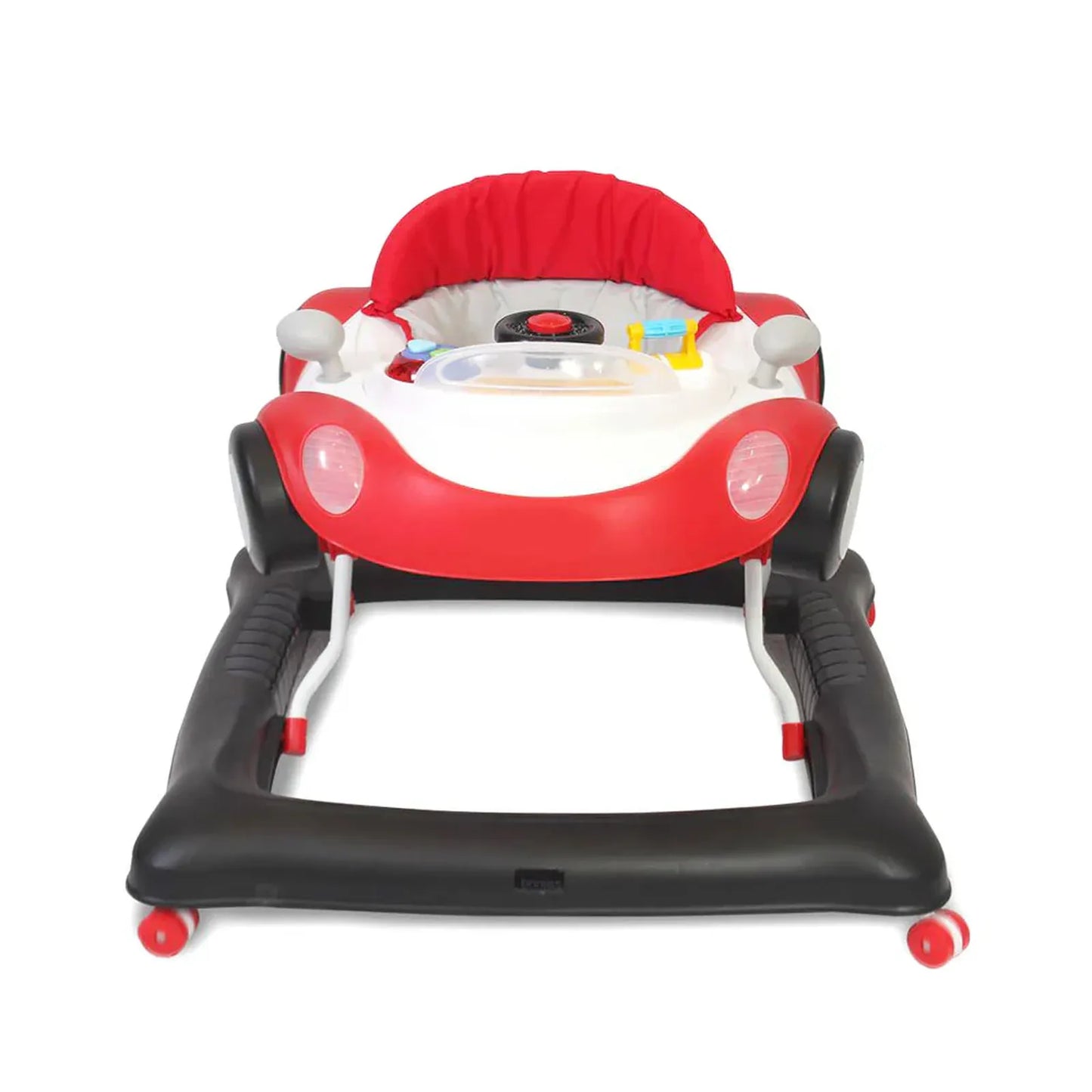 Red and black baby walker on a white background