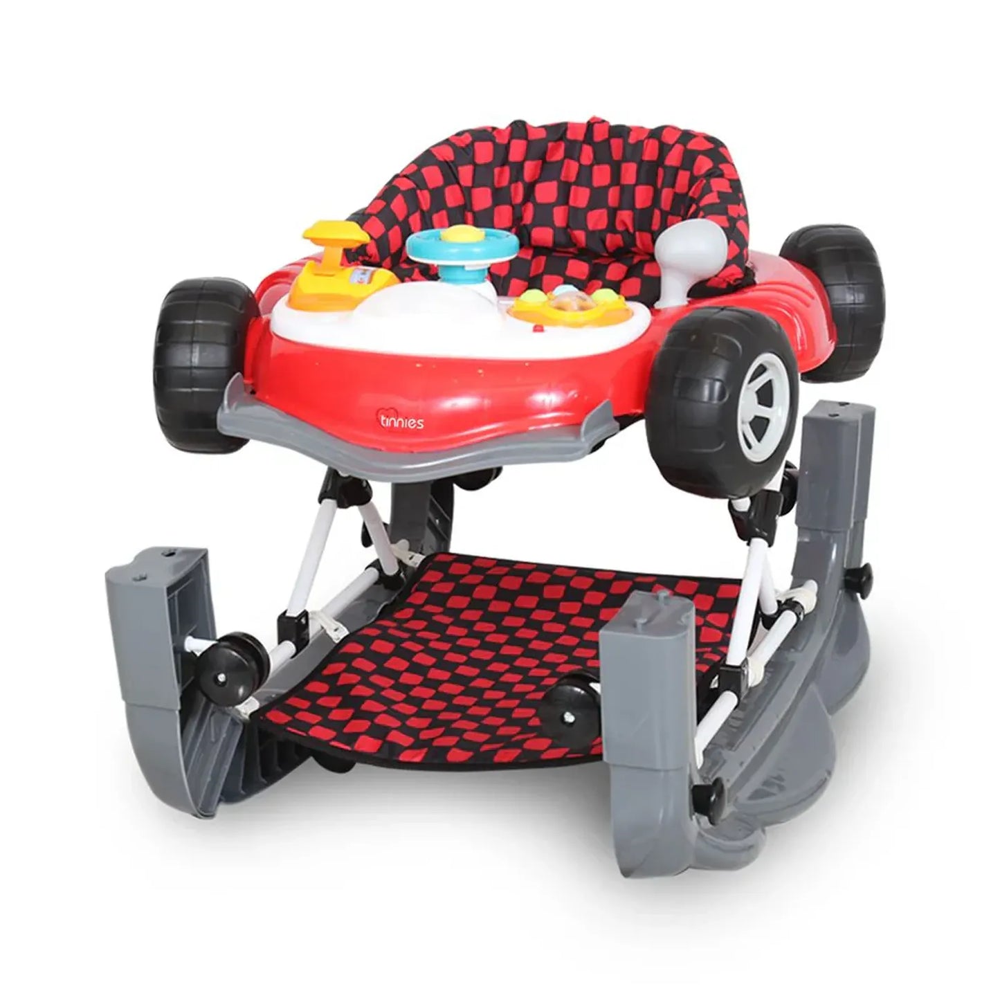 Toy car with checkered pattern on a white background