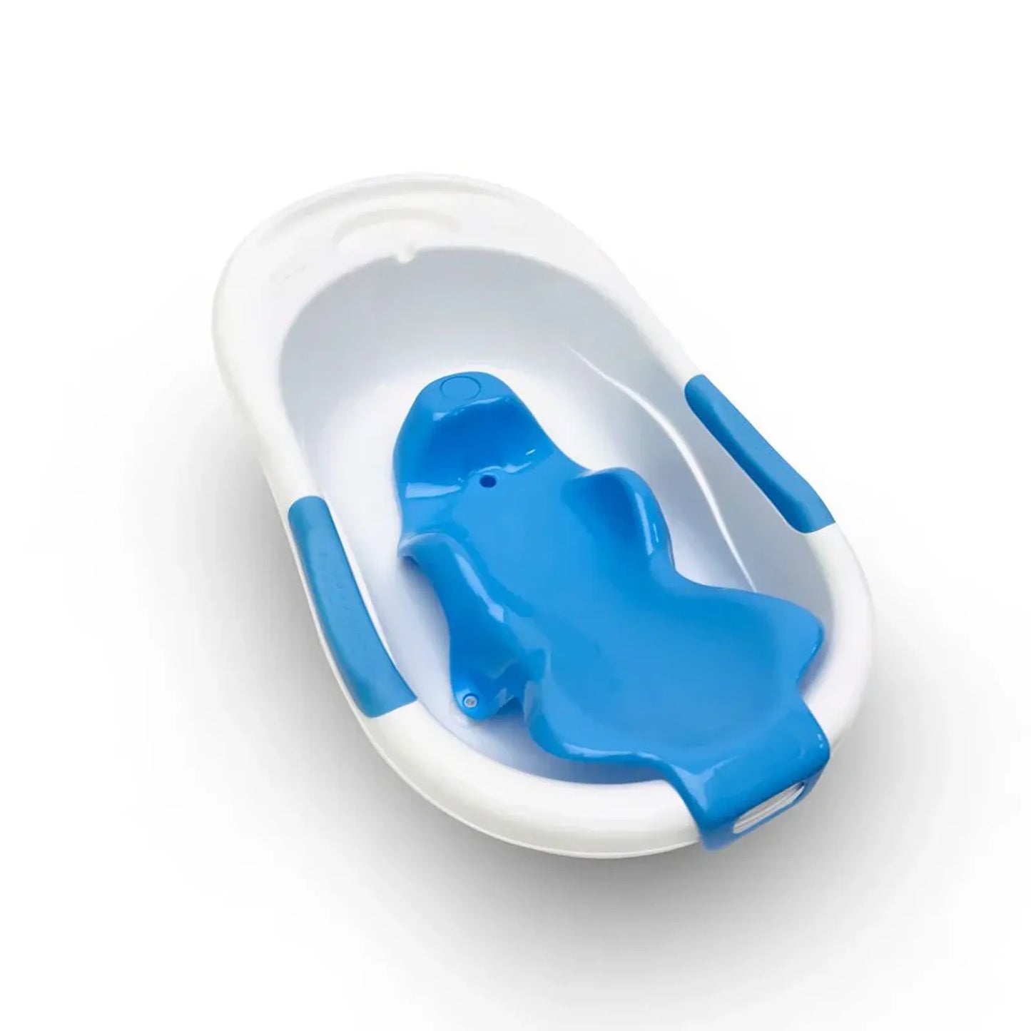Blue baby bathtub with white rim on a white background