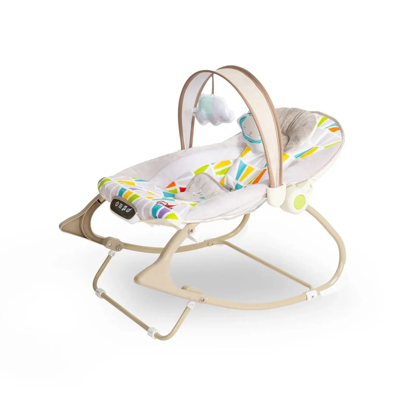Baby bouncer with colorful pattern on a white background