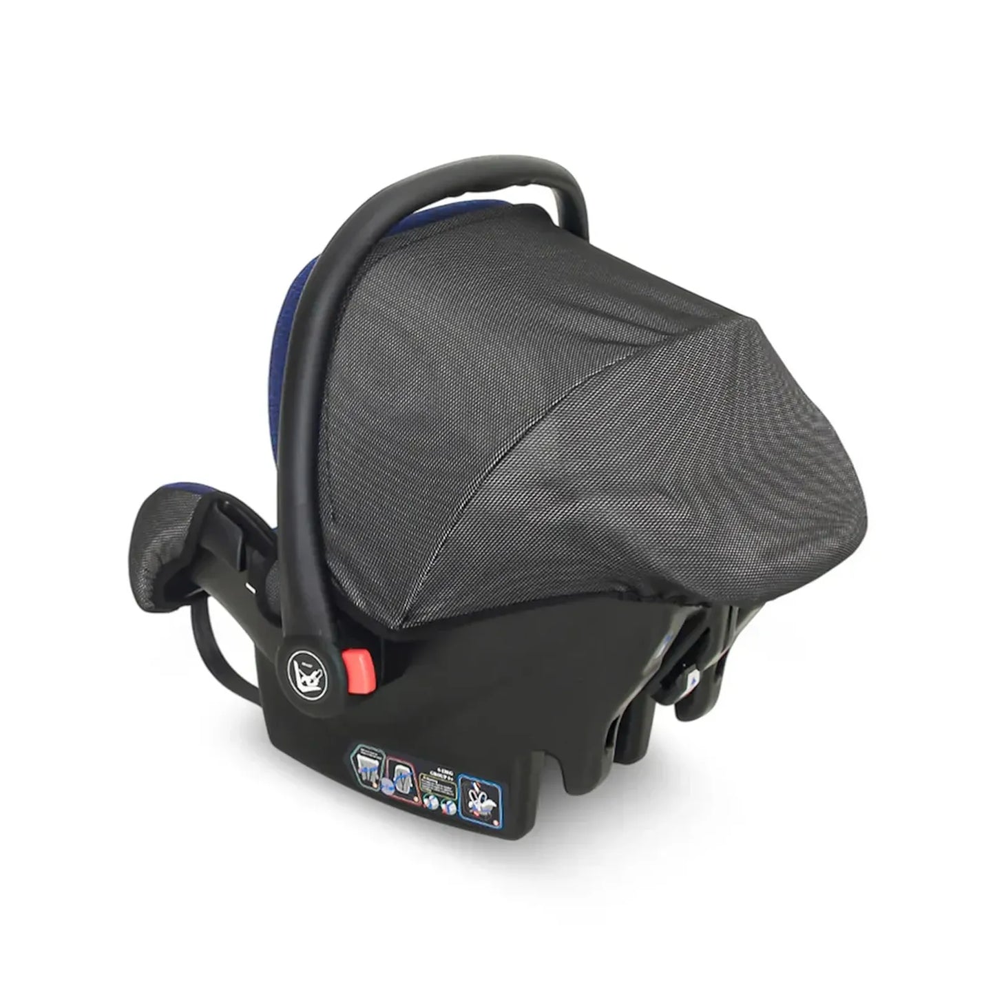 Black baby car seat with gray canopy on a white background
