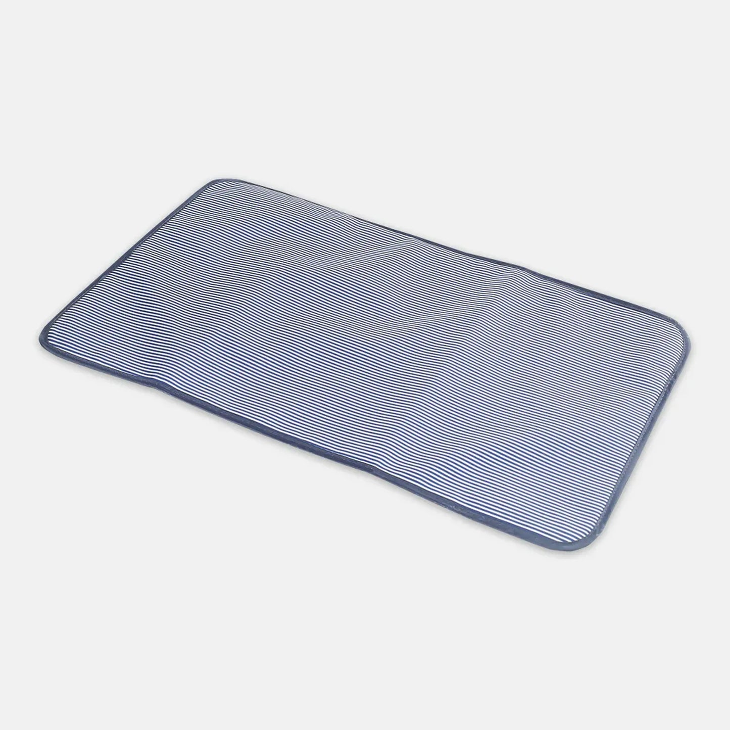 Rectangular blue and white striped placemat on a light gray background