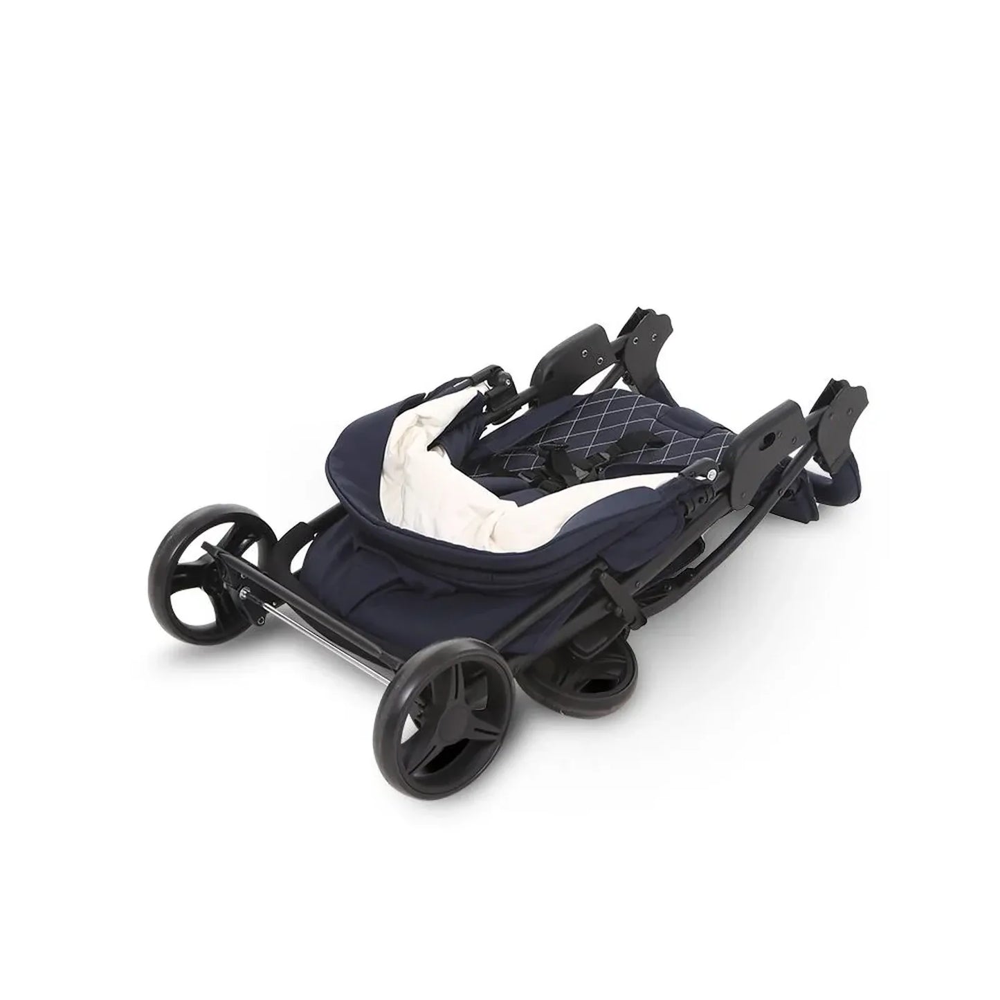 Navy blue stroller seat with white cushion on a white background