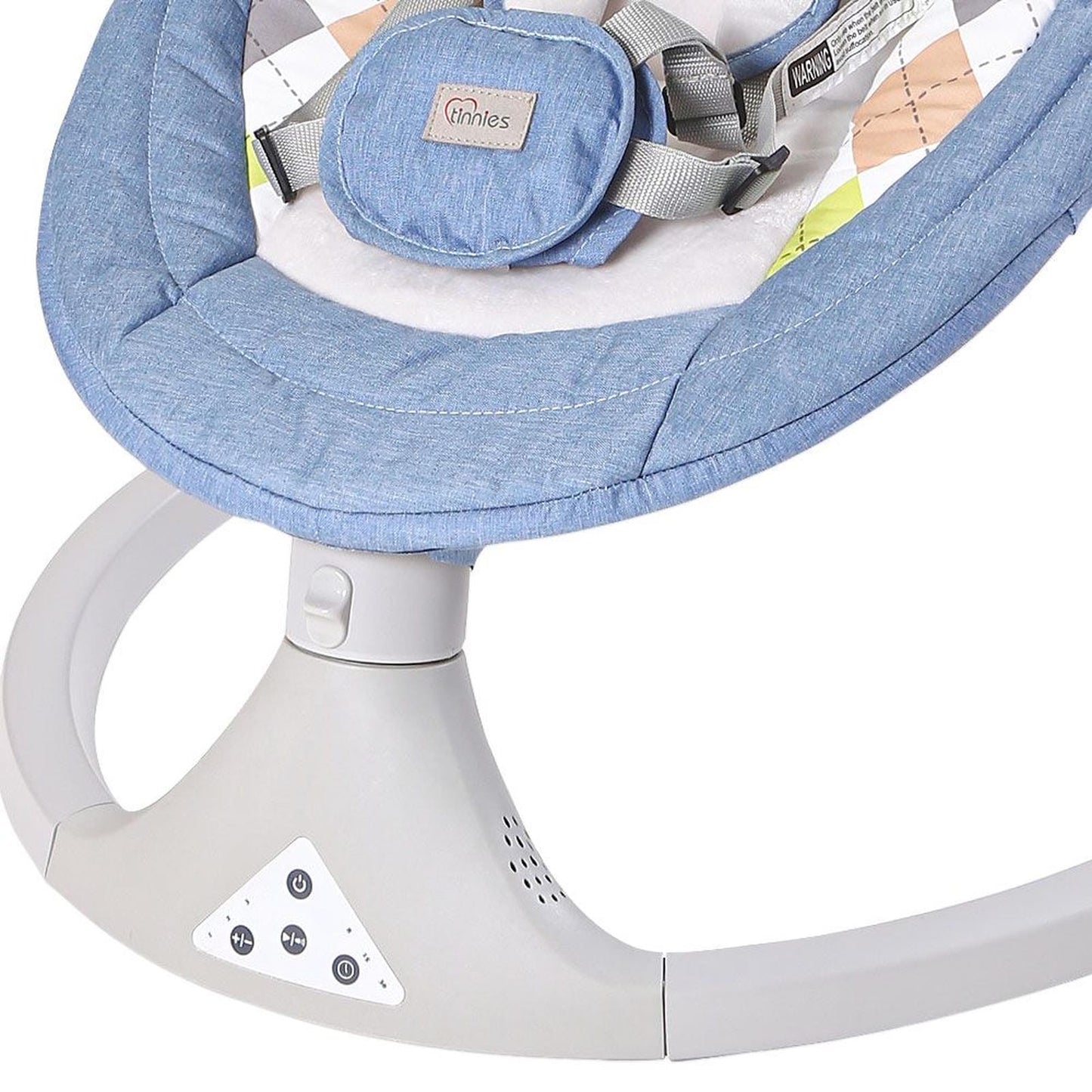 Baby bouncer with blue cushion and visible brand logo on a white background
