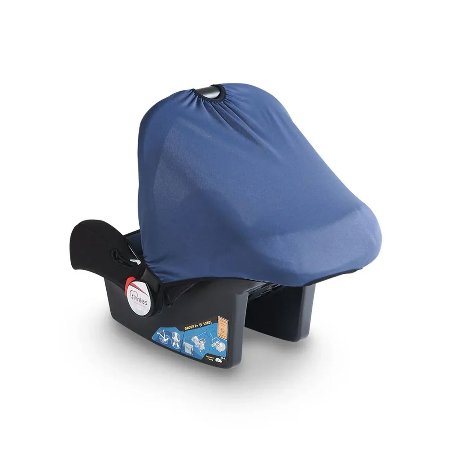 Blue car seat cover on a black car seat with a white background