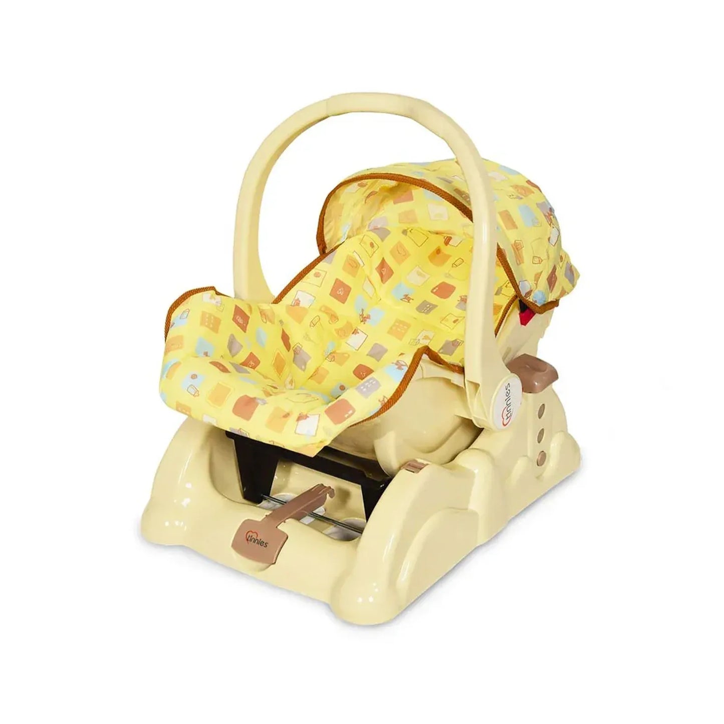 Baby car seat with yellow cover featuring colorful patterns on a white background