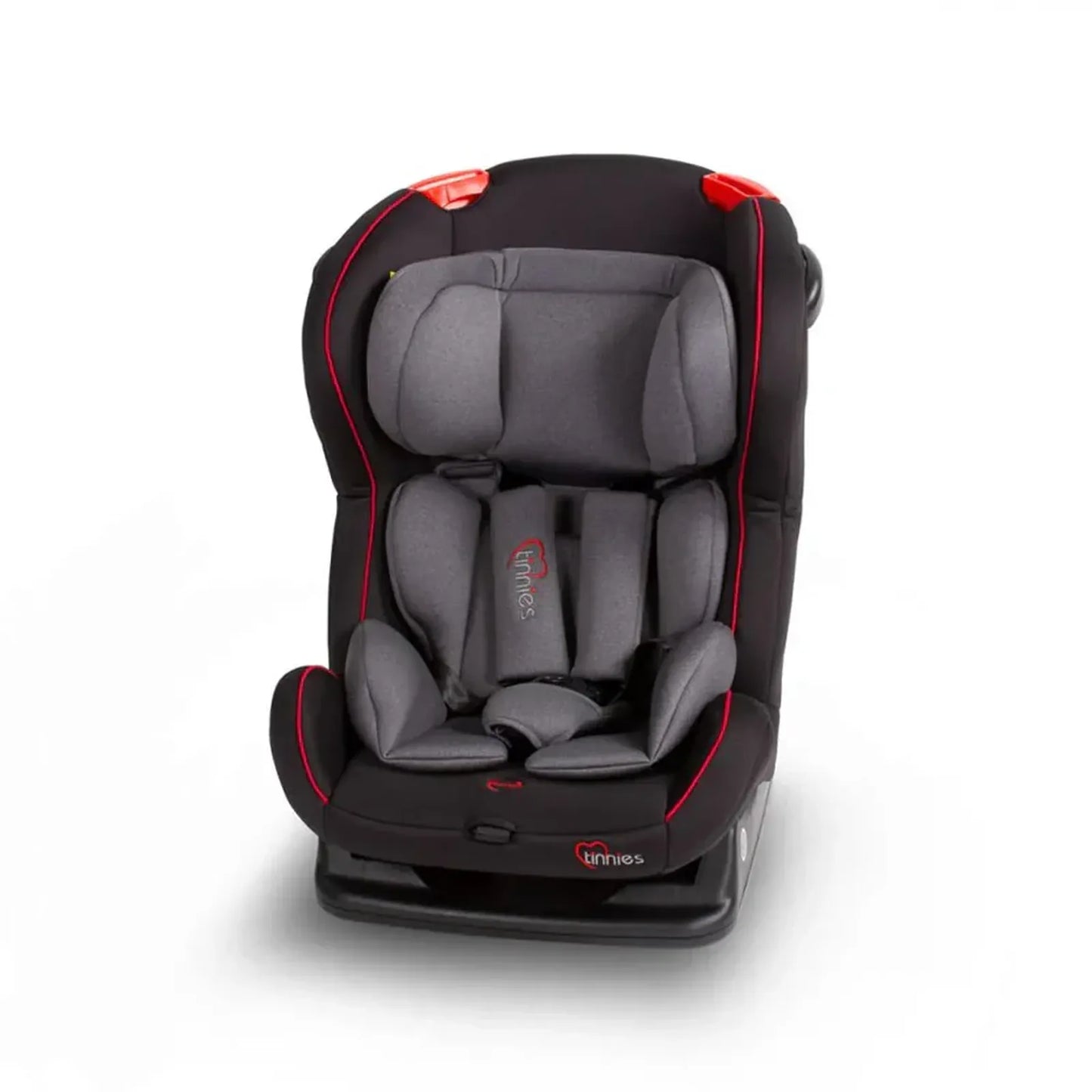 Gray and black car seat with red accents on a white background