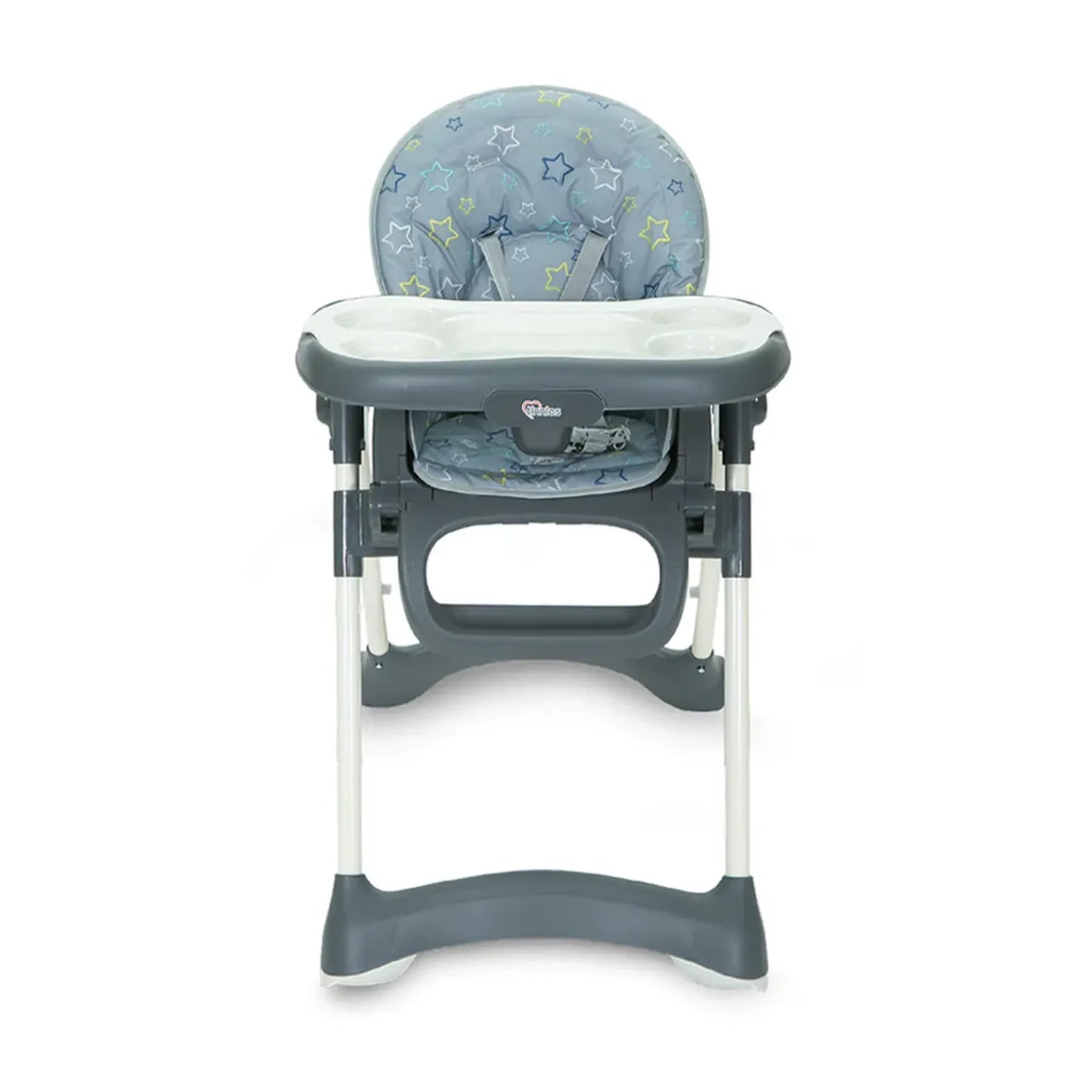 Gray high chair with star patterned backrest on a white background