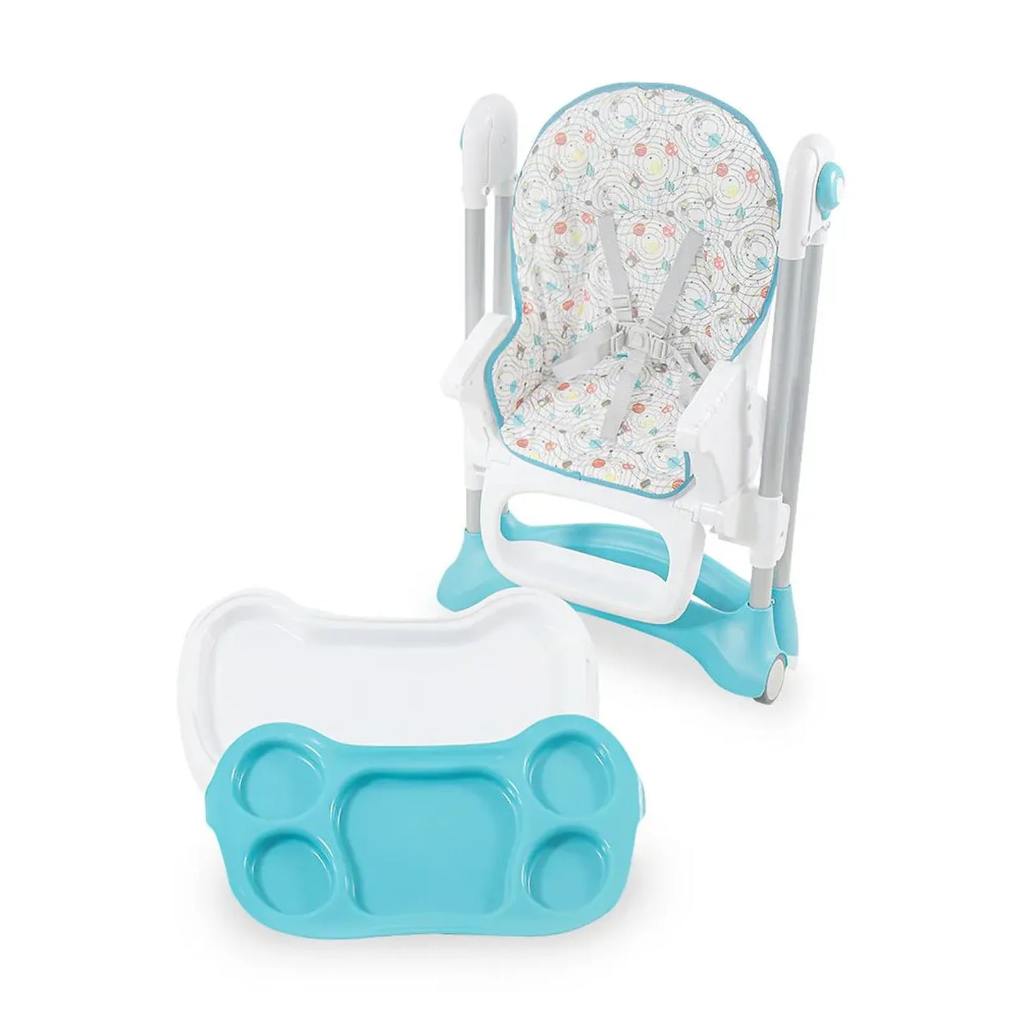 Baby swing with a patterned seat and blue tray on a white background
