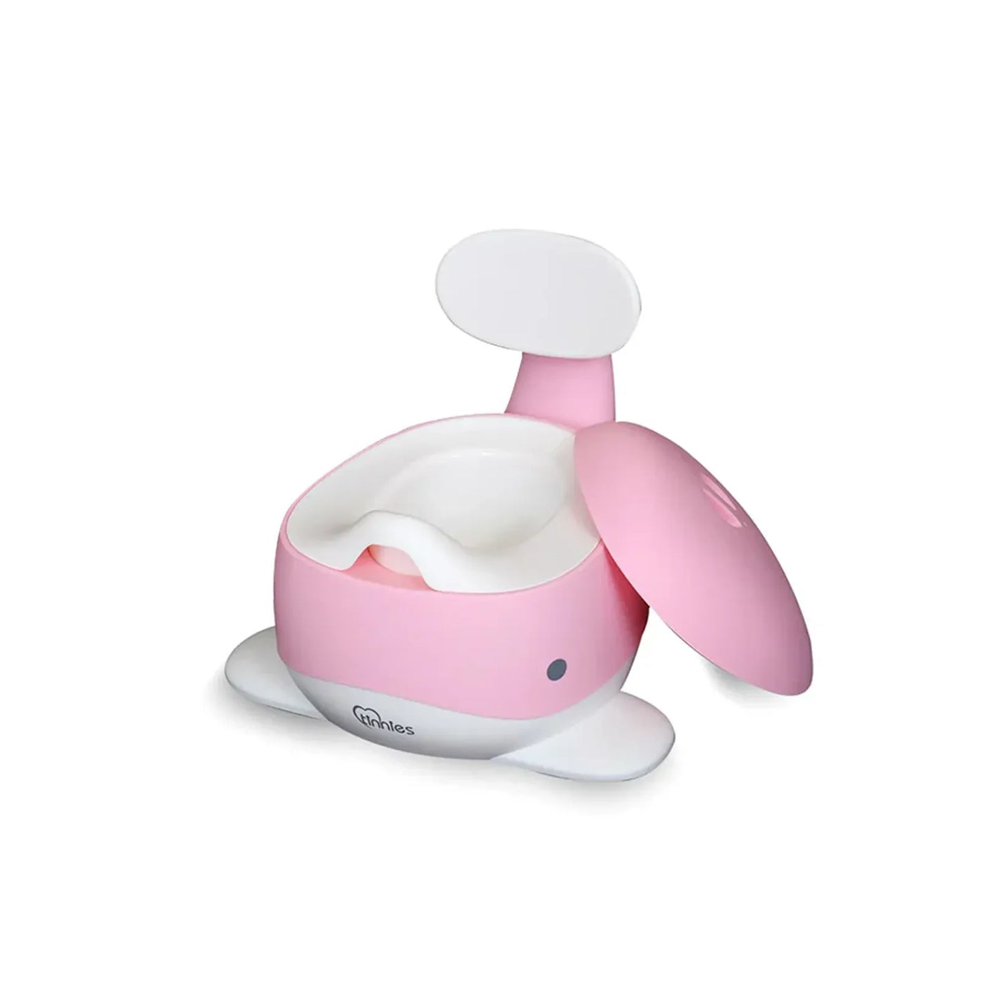Pink and white baby potty with whale design on a white background