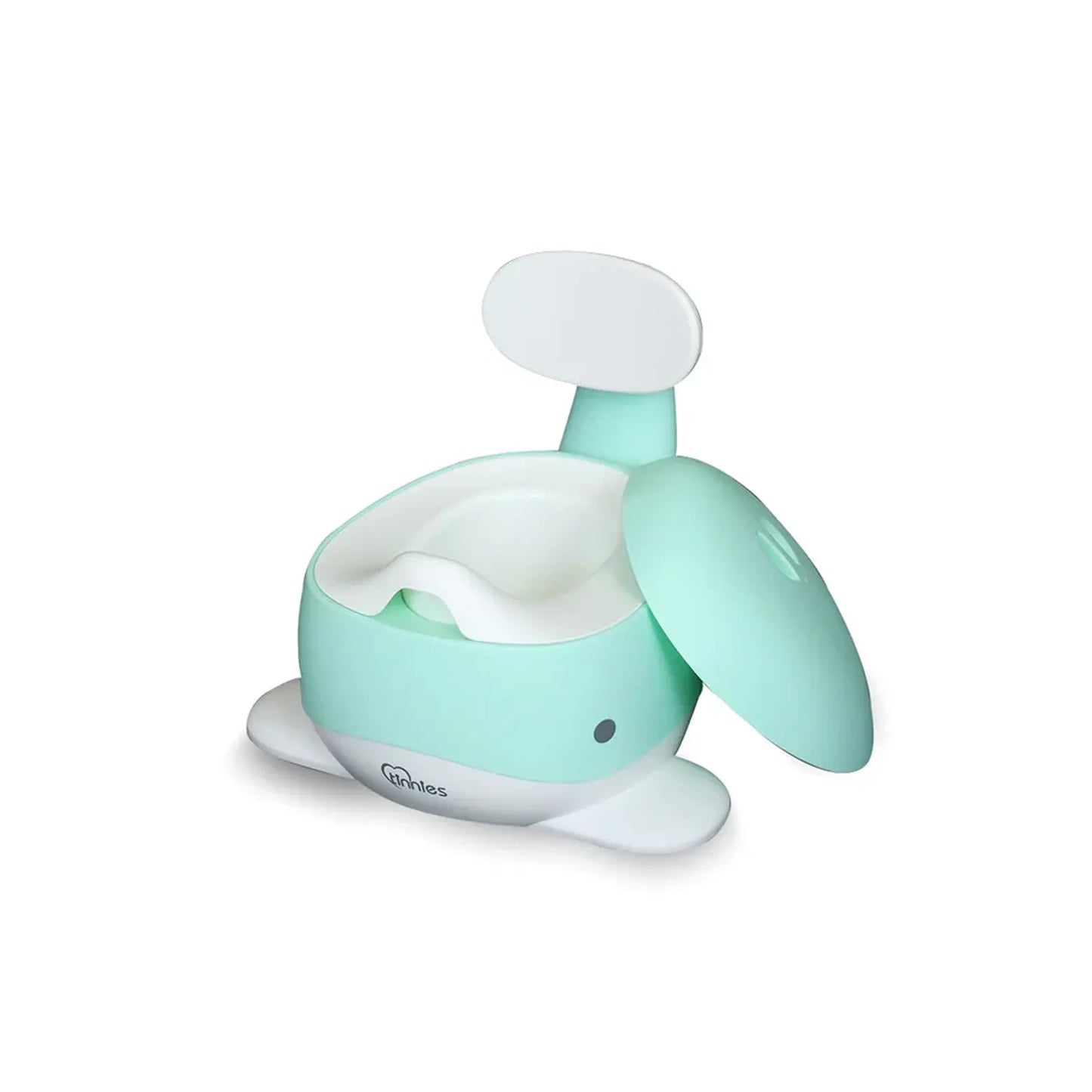 Mint green and white baby seat with a cartoonish design on a white background