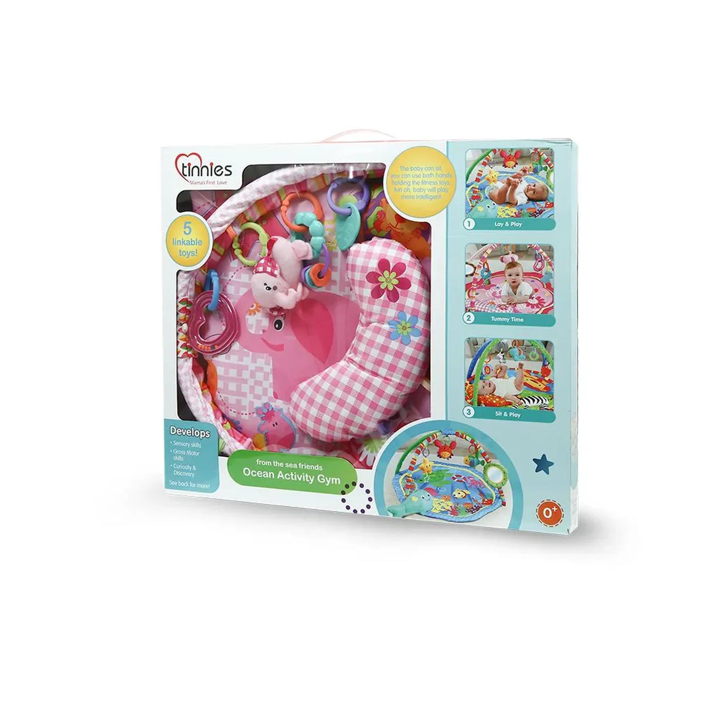 Tiddlems baby product packaging with pink checkered item and colorful graphics on a white background