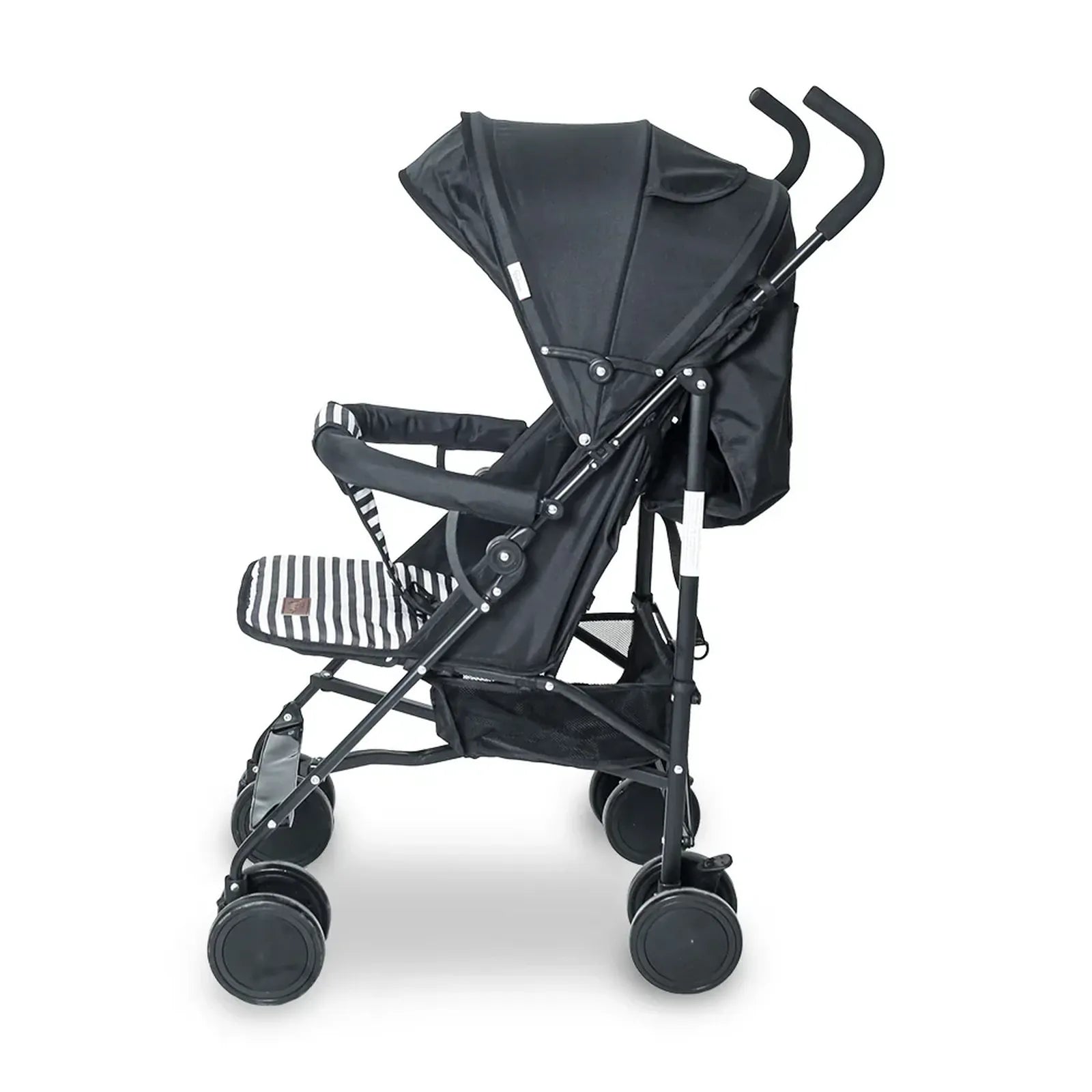 Black stroller with a striped cushion on a white background