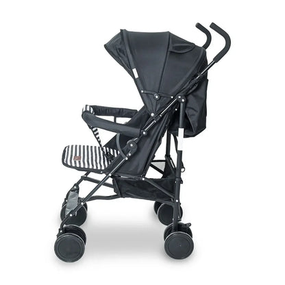 Black stroller with a striped cushion on a white background