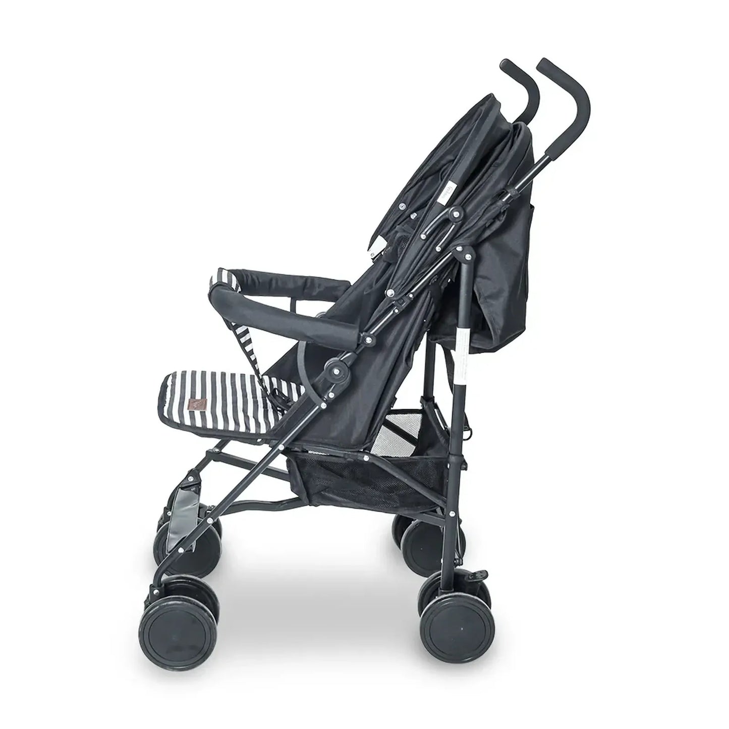 Black stroller with a rain cover on a white background