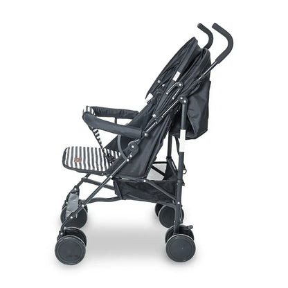 Black stroller with a rain cover on a white background
