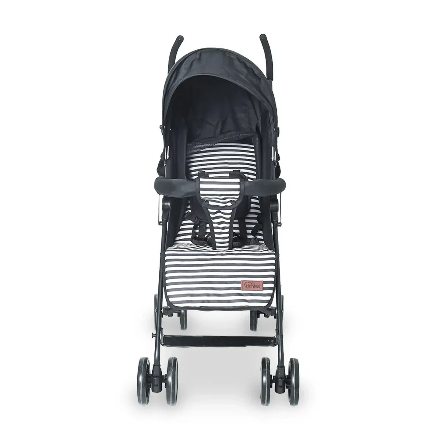 Black stroller with a striped seat on a white background