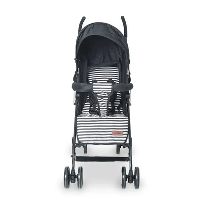 Black stroller with a striped seat on a white background