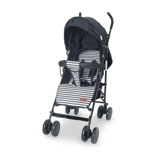 Black and white striped stroller on a white background