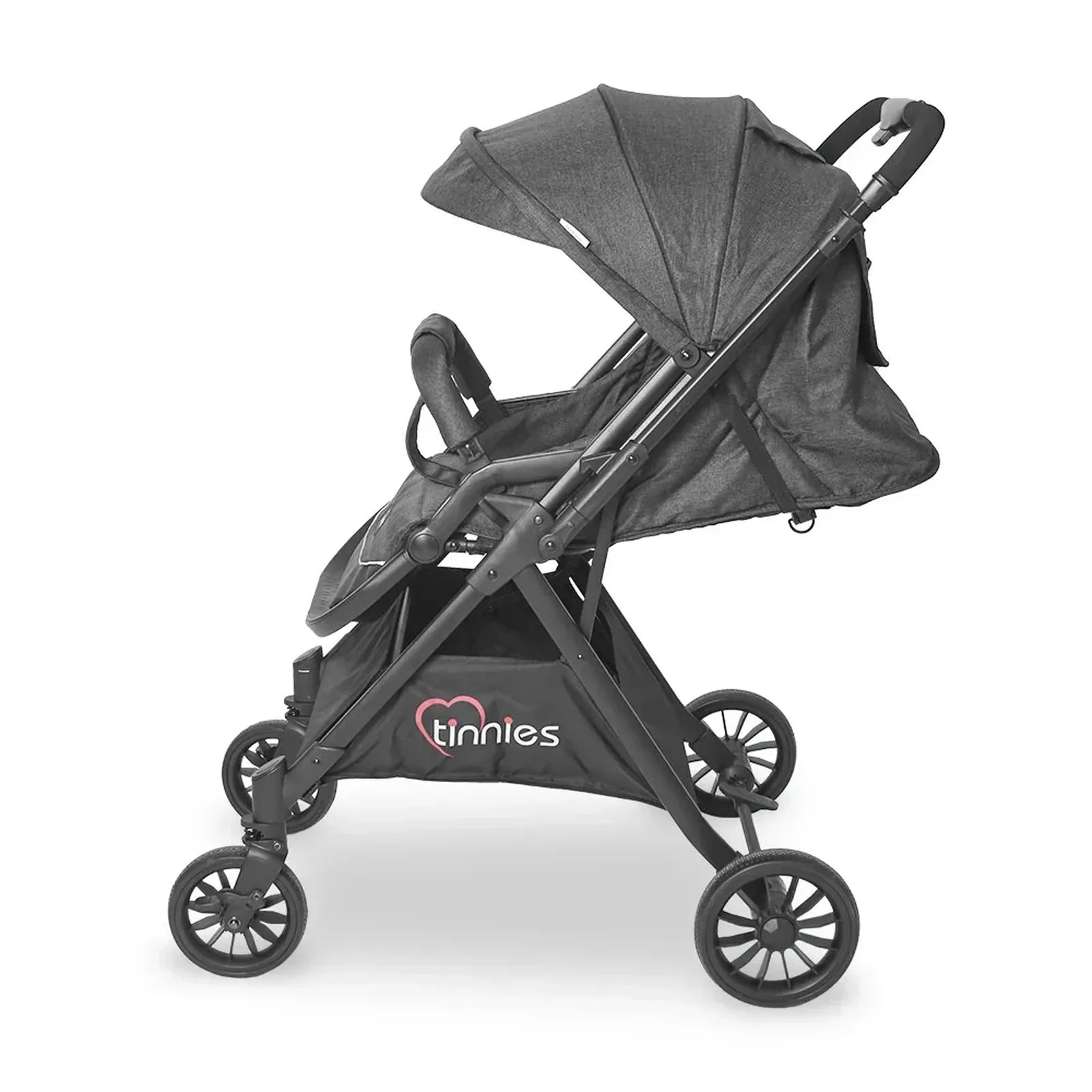 Black stroller with 'tinies' logo on a white background