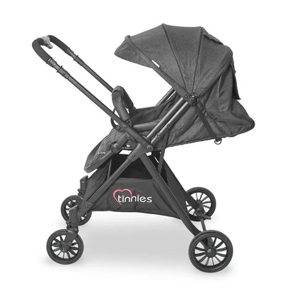Black stroller with a visible brand logo on a white background