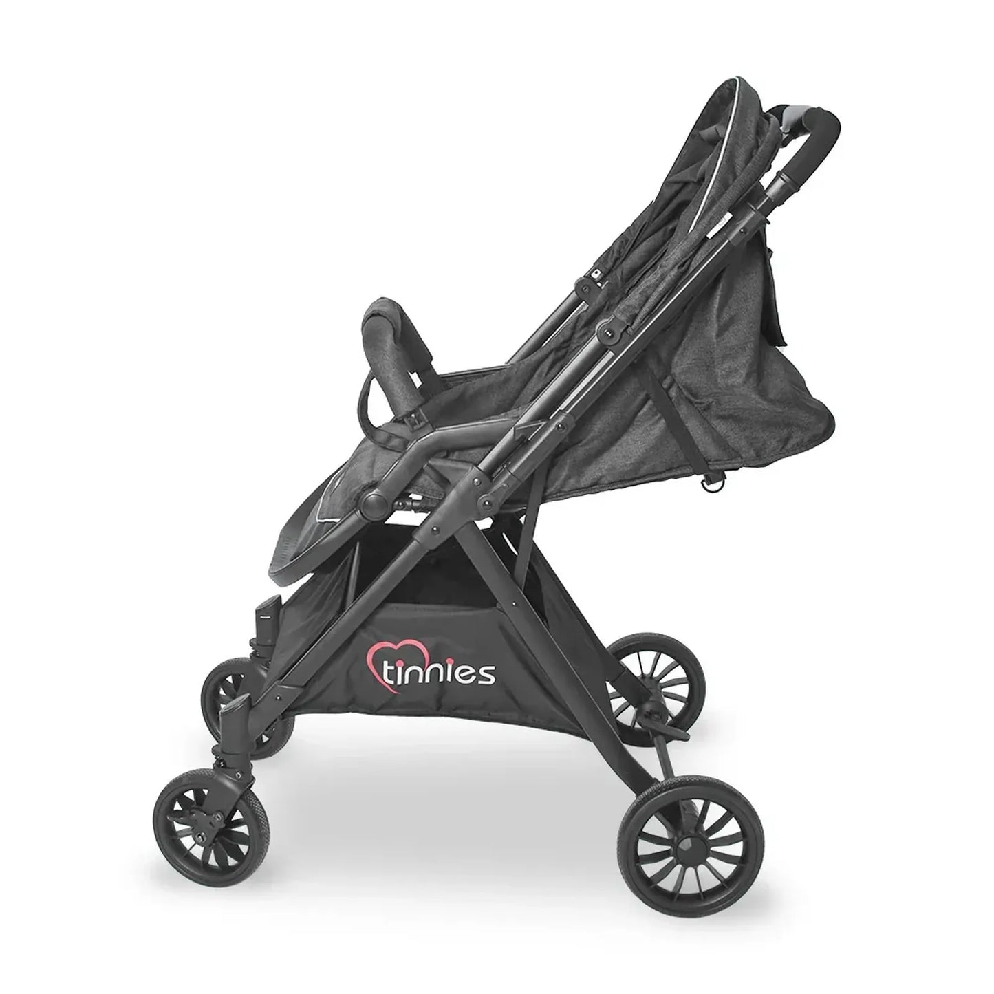 Black stroller with  logo on a white background