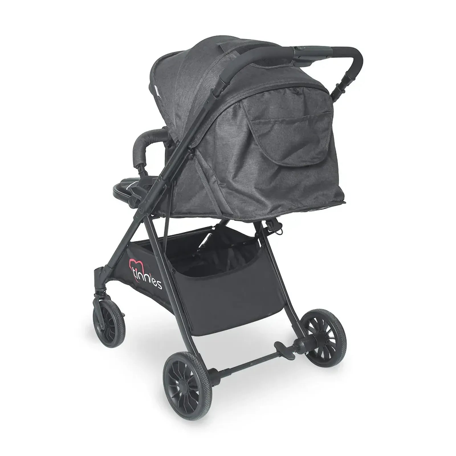 Black pet stroller with a bag on a white background