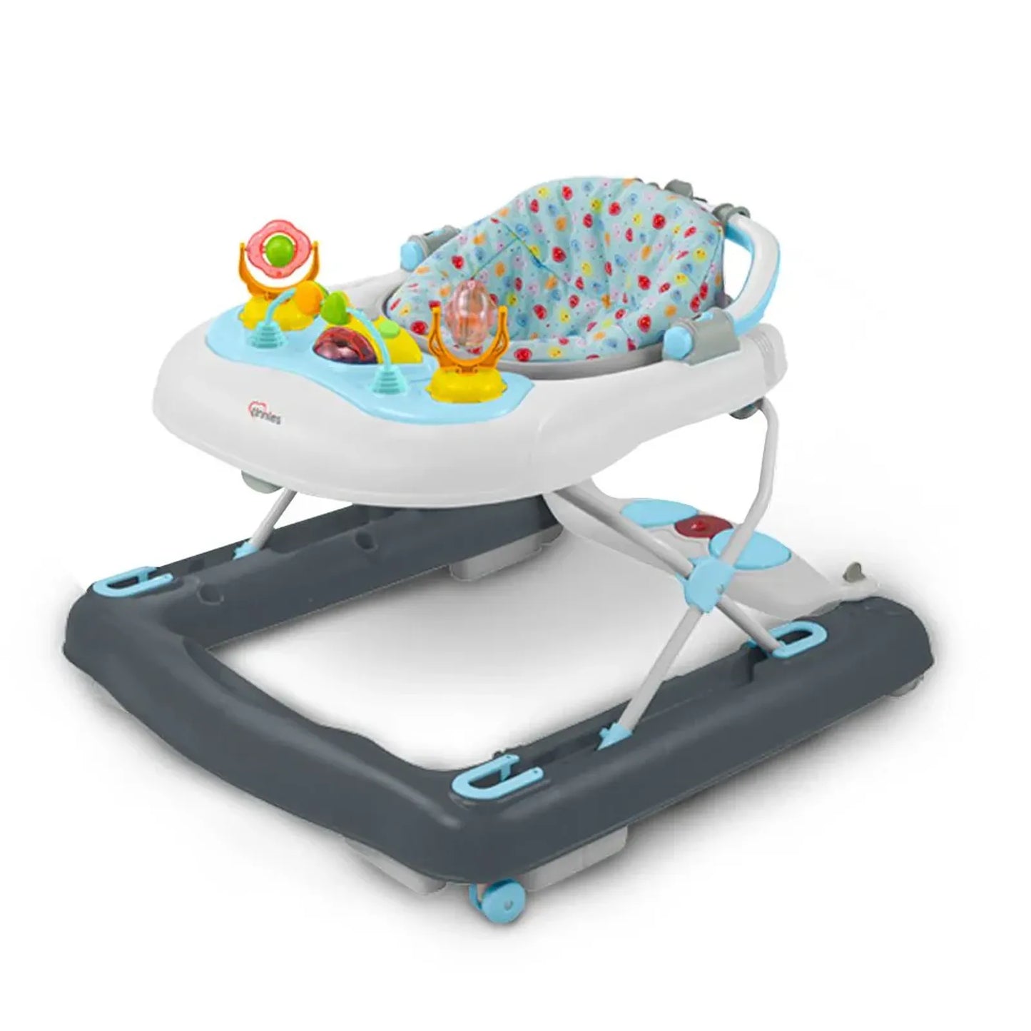 Baby walker with colorful seat and toys on a white background