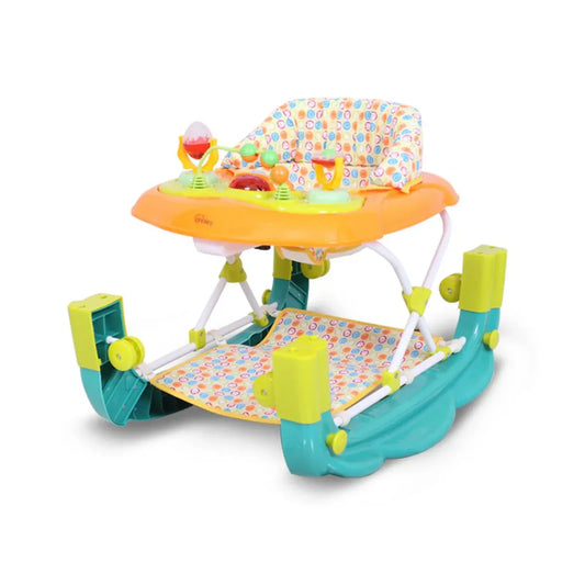 Colorful baby activity center with toys on a white background