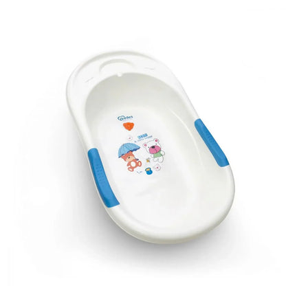 White baby bathtub with blue handles on a white background