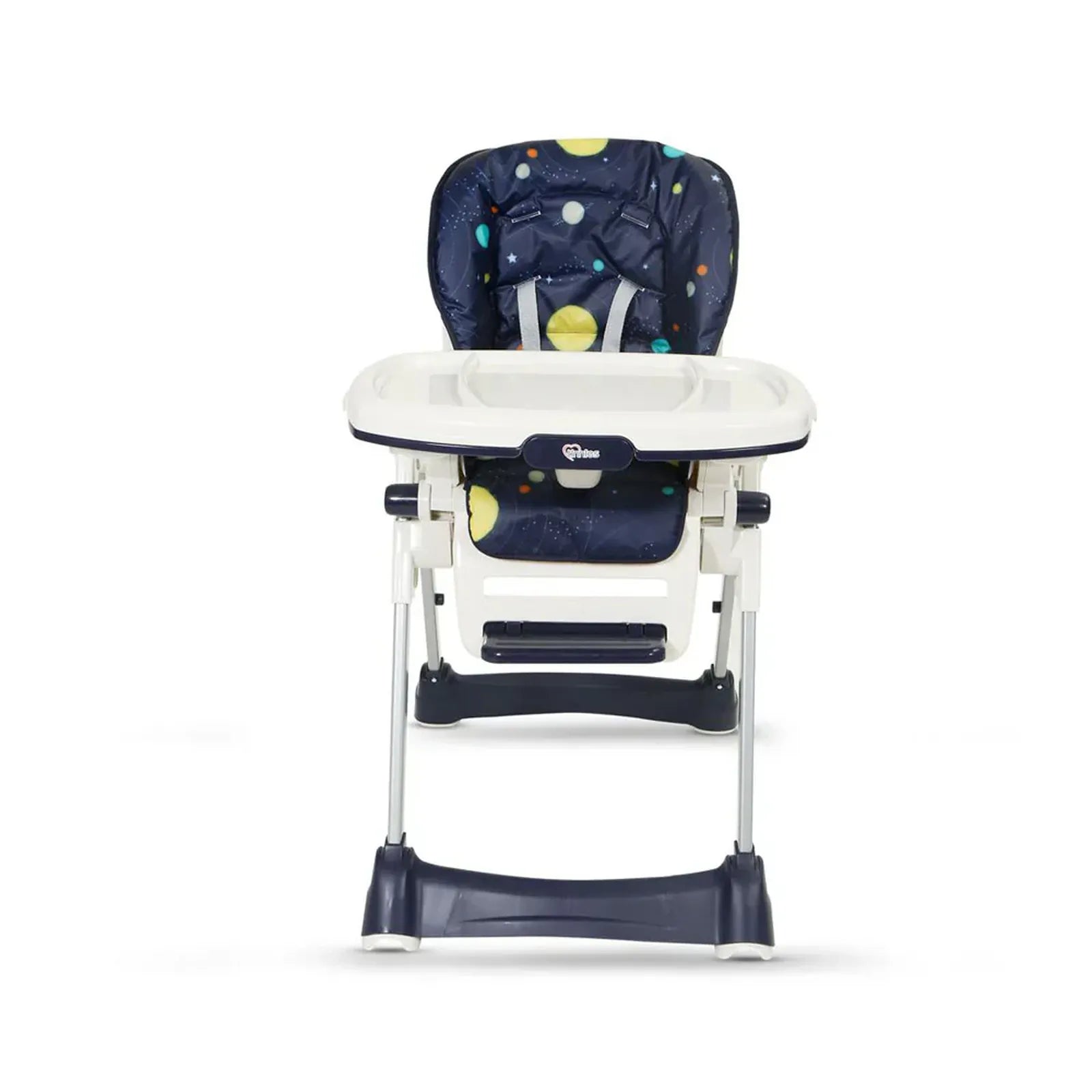 Baby high chair with a blue seat cover featuring polka dots on a white background