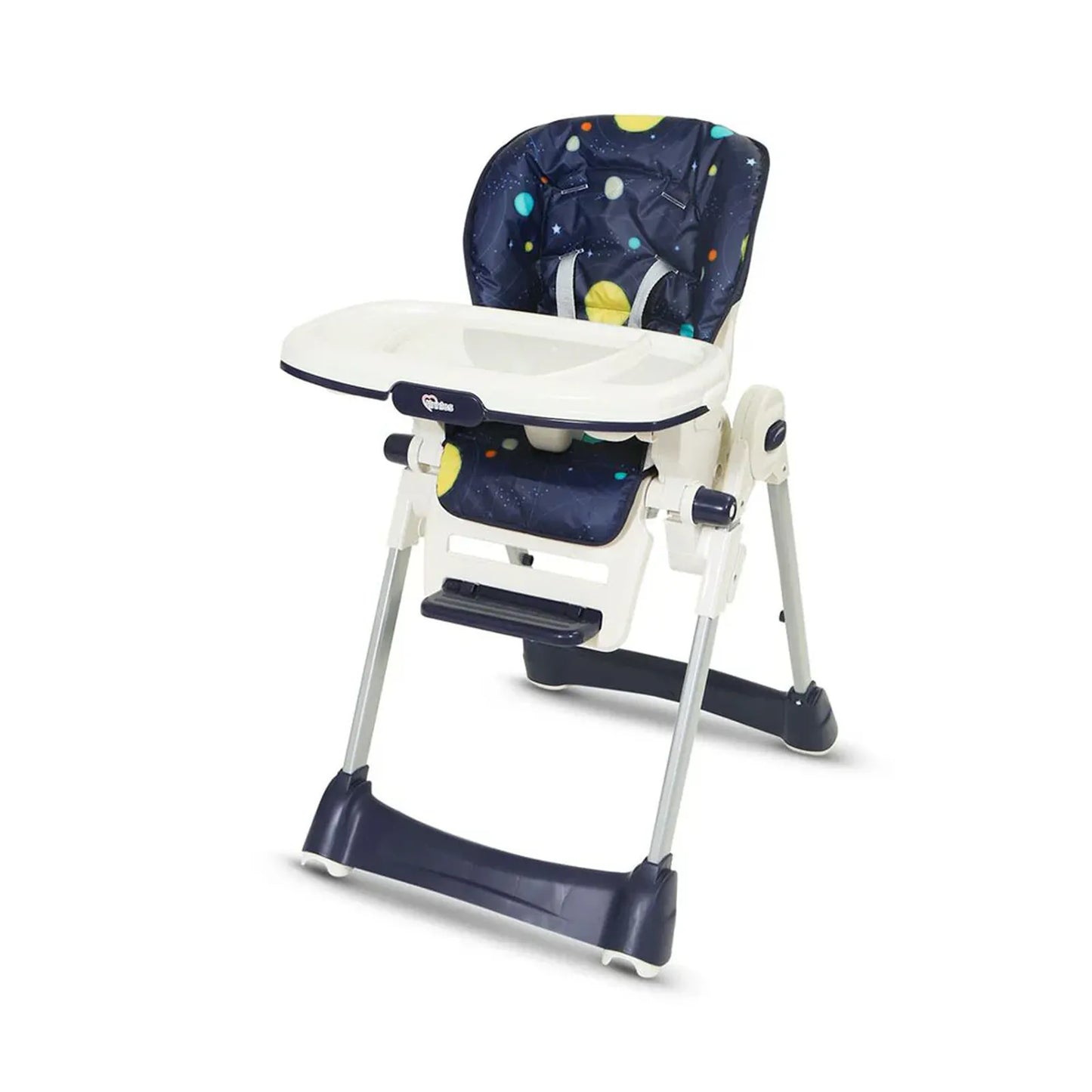 Baby high chair with space-themed seat cover on a white background