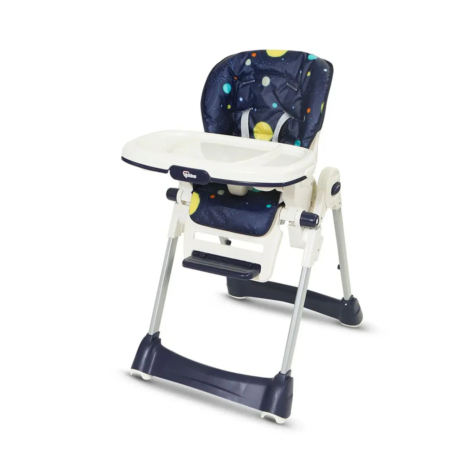 Baby high chair with space-themed seat cover on a white background