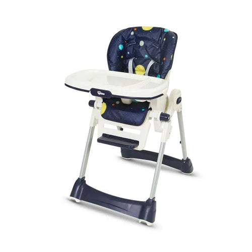 Baby high chair with space-themed seat cover on a white background