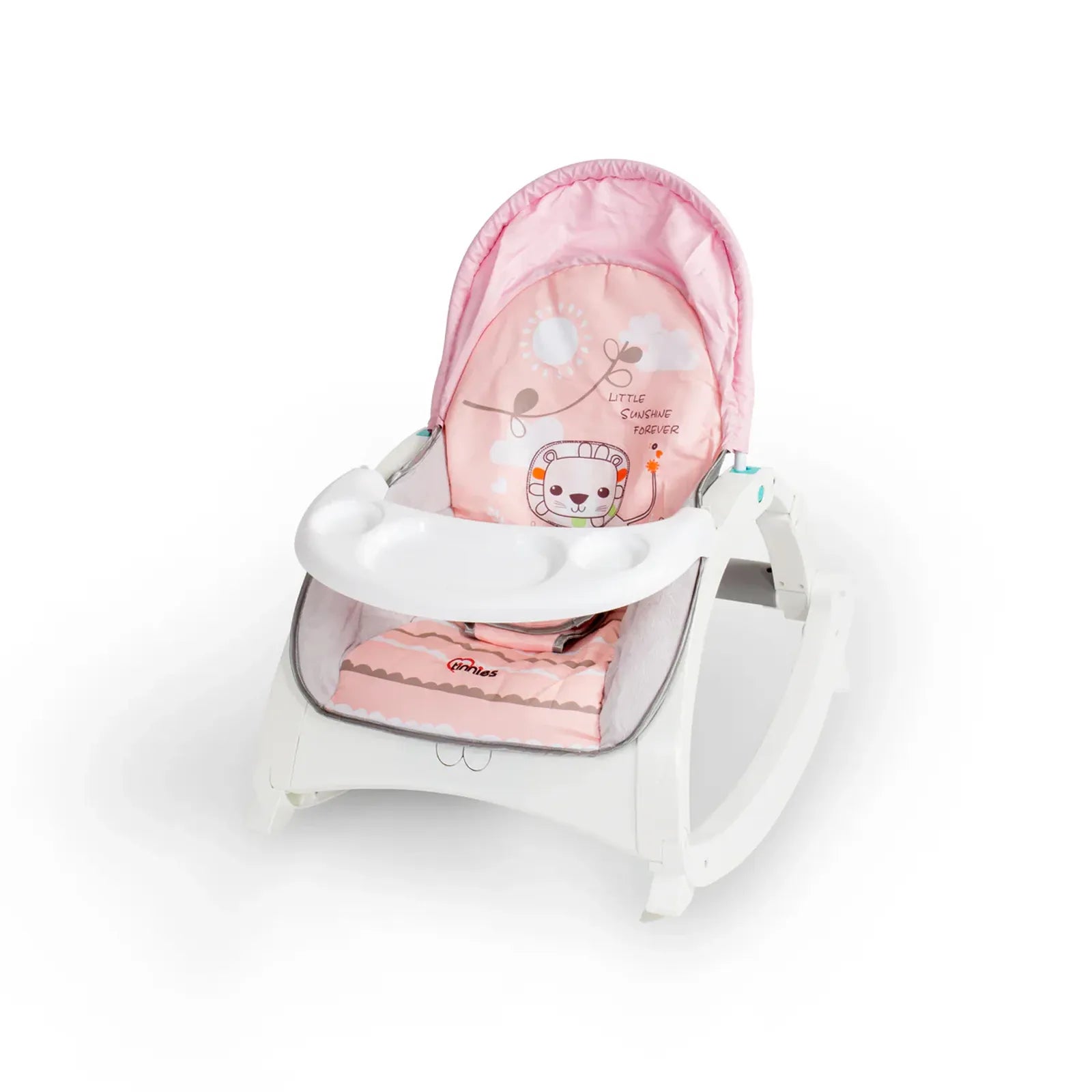 Pink baby bouncer with white frame on a white background