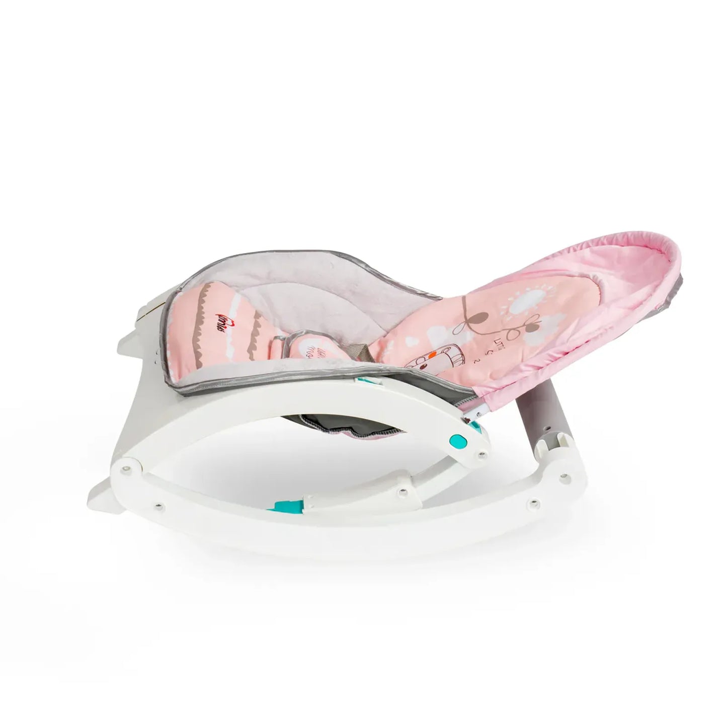 Baby bouncer with pink and gray design on a white background