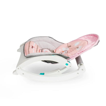 Baby bouncer with pink and gray design on a white background