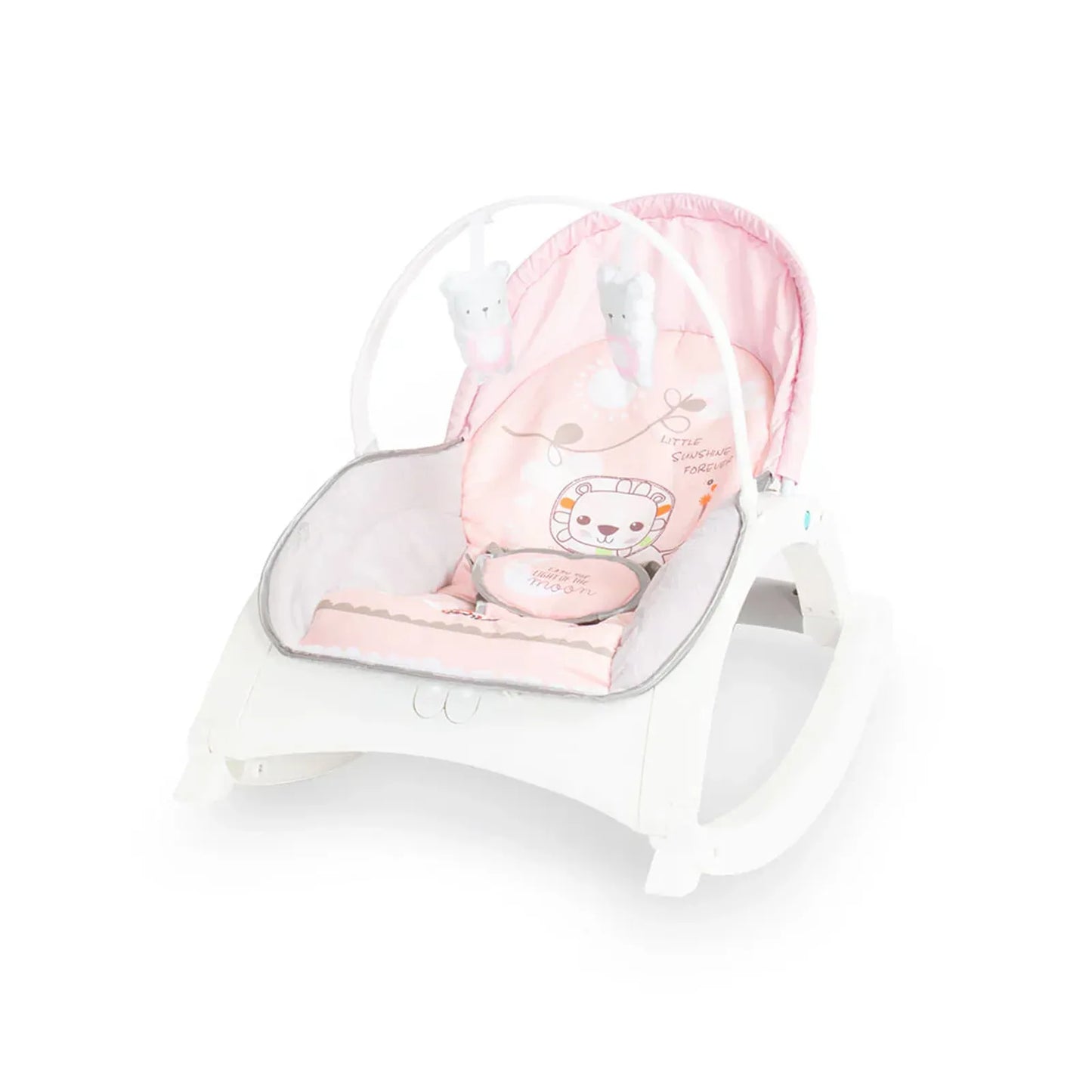Pink baby swing with cartoon design on a white background