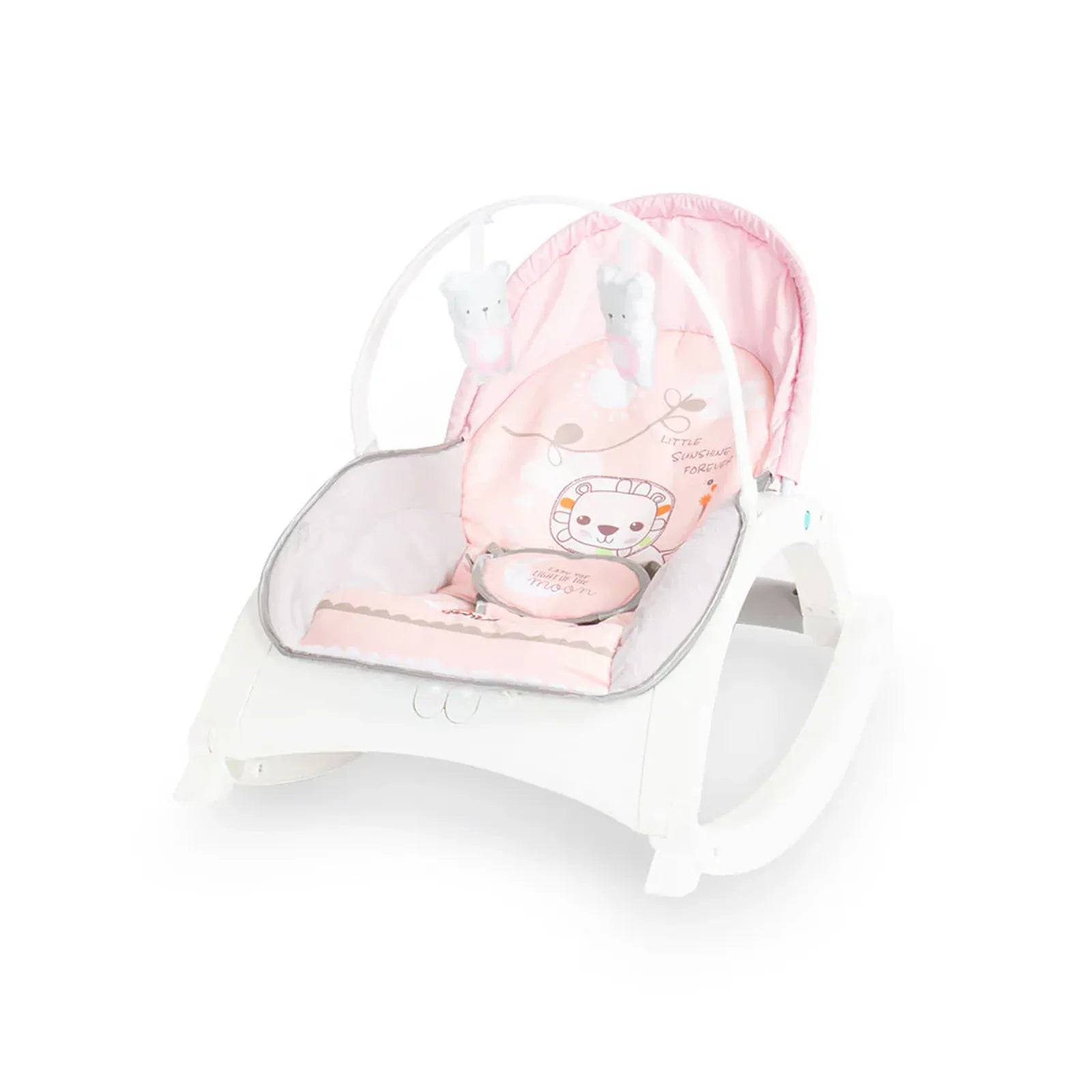 Pink baby swing with cartoon design on a white background