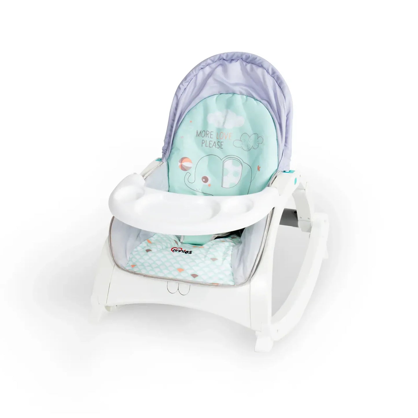 Baby seat with a light blue cover featuring cartoon characters on a white background