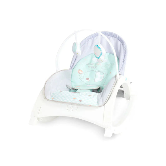 Baby bouncer with a soft toy on a white background