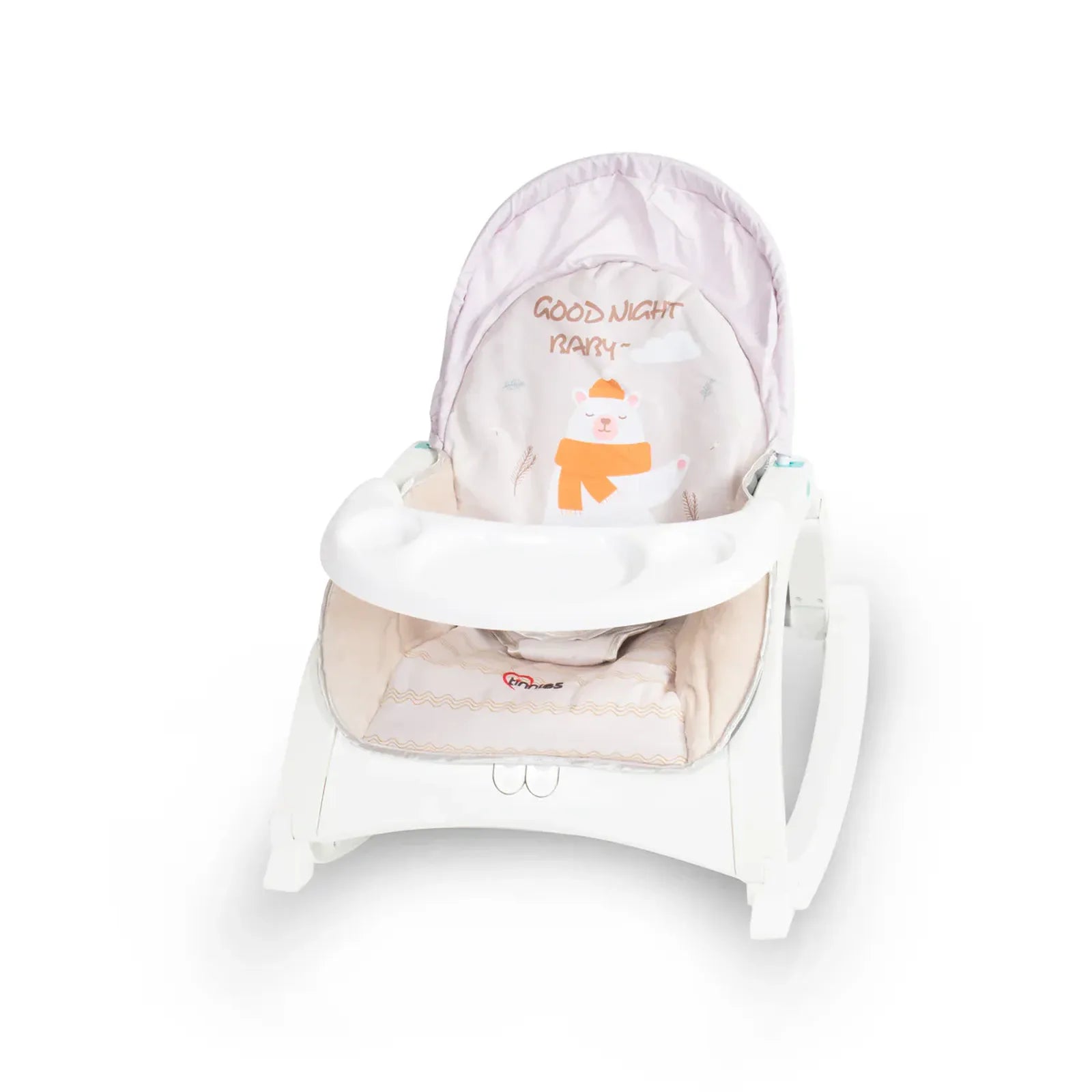 Baby bouncer with hood and seat cover on a white background