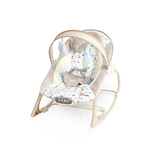 Baby swing with colorful patterned seat on a white background
