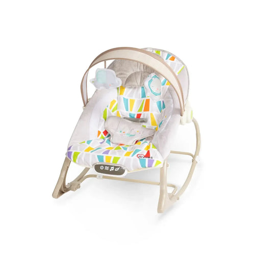 Baby bouncer with colorful pattern on a white background