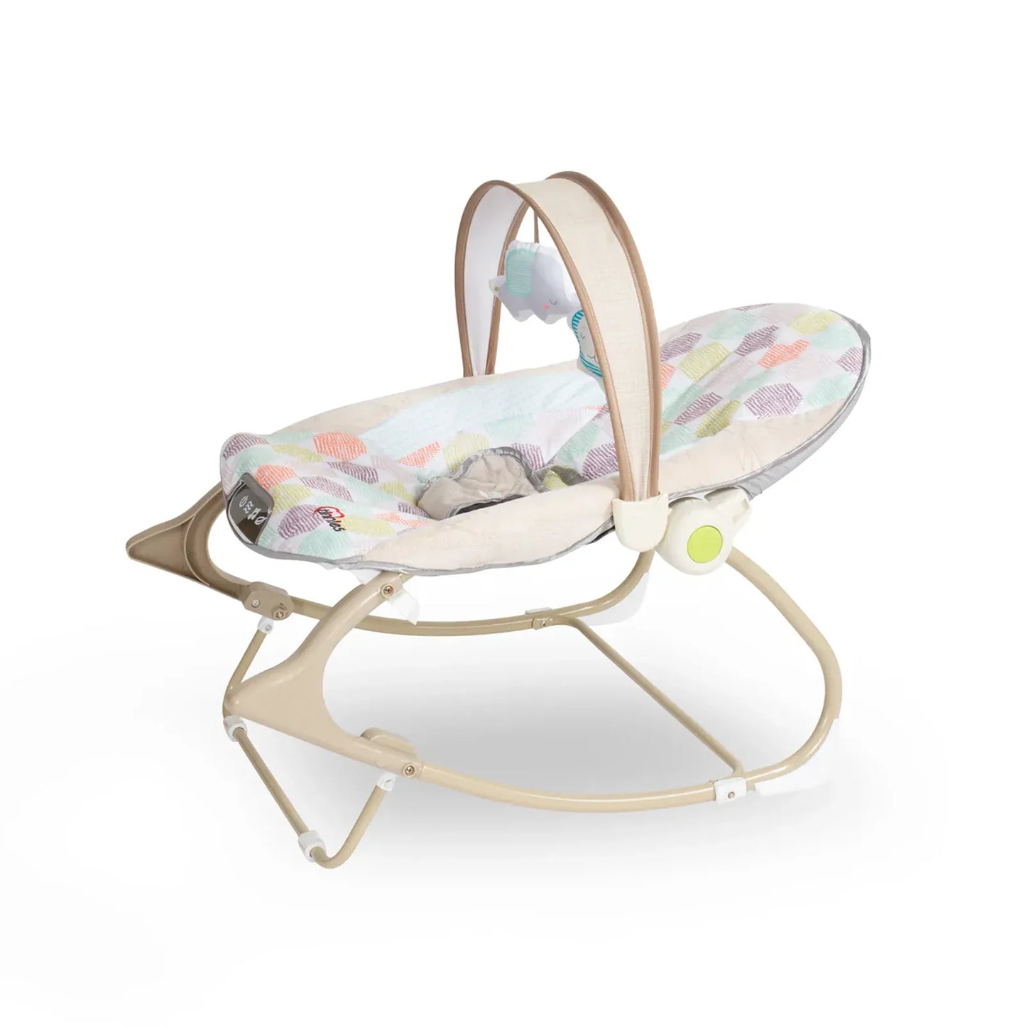 Baby bouncer with colorful pattern on a white background