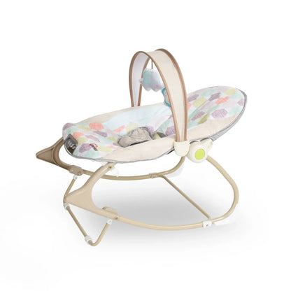 Baby bouncer with colorful pattern on a white background