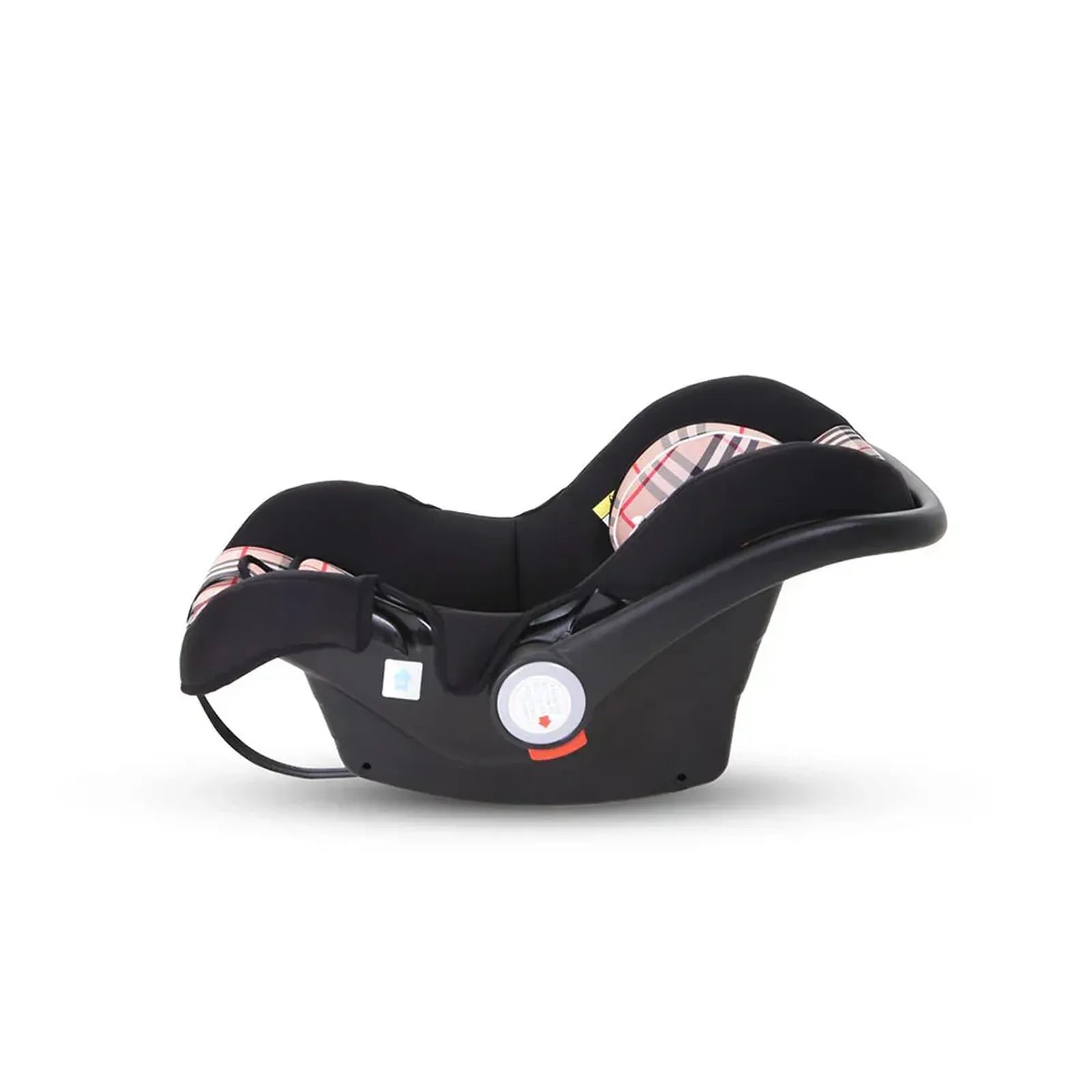 Black baby car seat with colorful pattern on a white background
