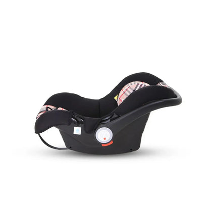 Black baby car seat with colorful pattern on a white background