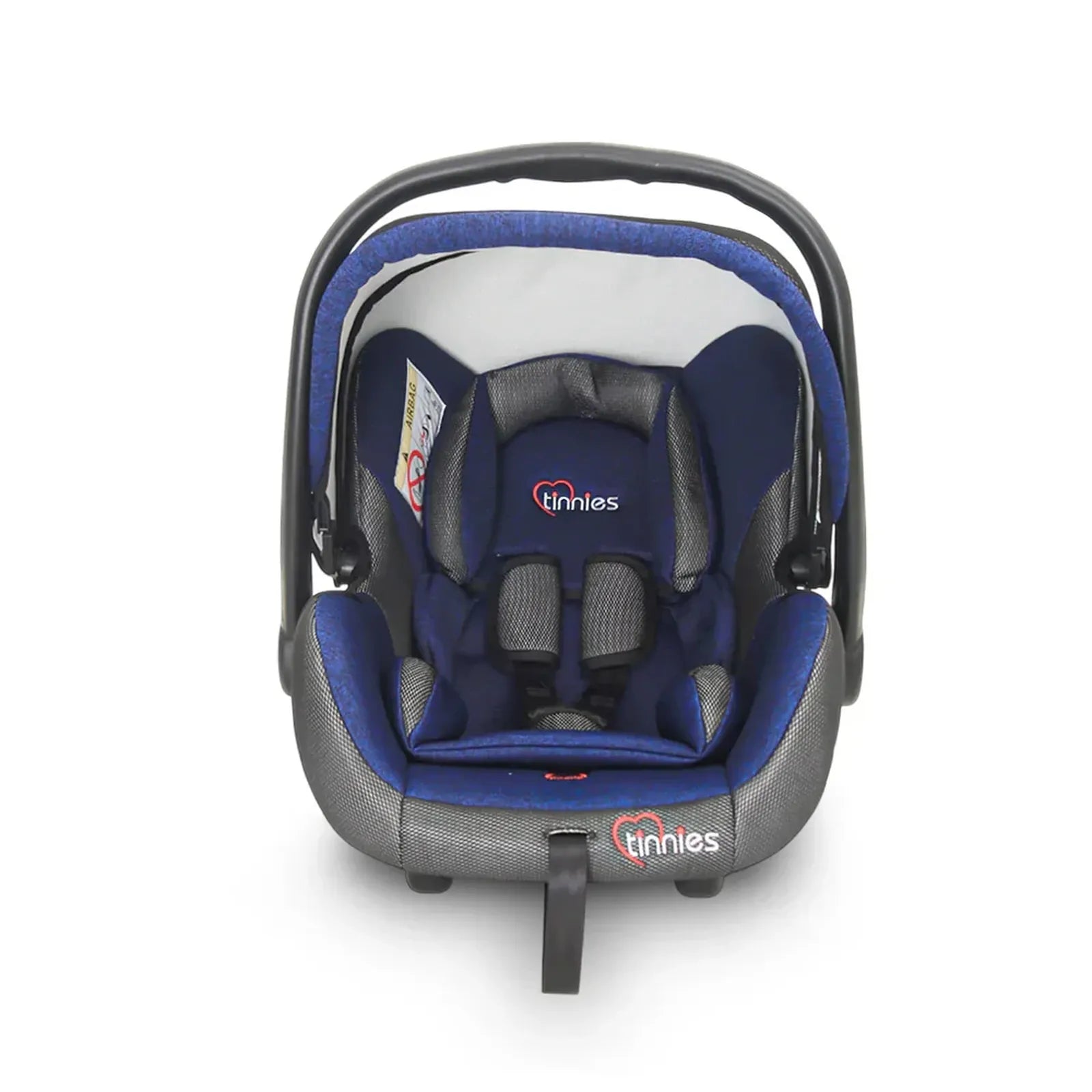 Baby car seat with blue and gray design on a white background